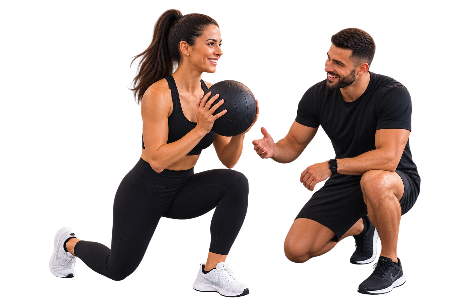 Personal trainer e aluna treinando com bola medicinal